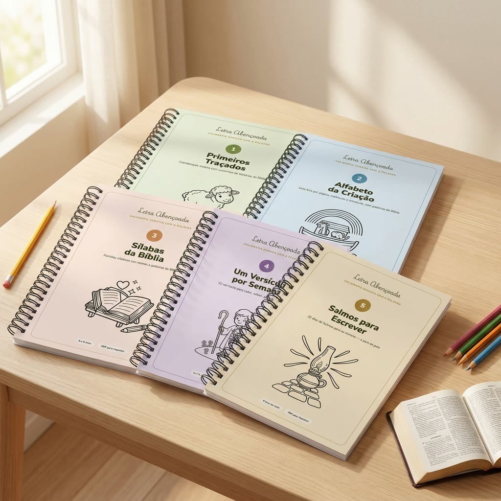Os 5 cadernos Letra Abençoada impressos e encadernados sobre a mesa